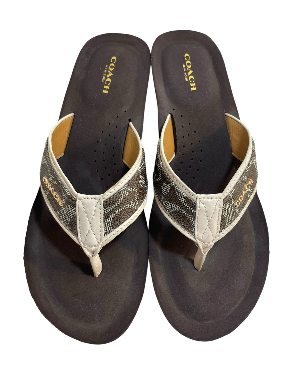 COACH Jolene Brown Cream Gold Thong Wedge Heel Sandals Women’s Size 9.5 B NWOB - Picture 1 of 15